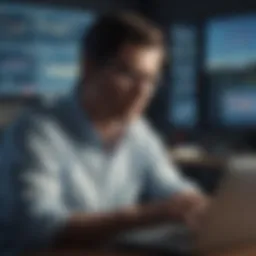A business professional analyzing climate data on a laptop