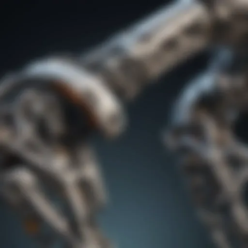 A detailed view of a robotic arm showcasing its intricate design and components