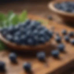 Close-up of fresh bilberries on a wooden table