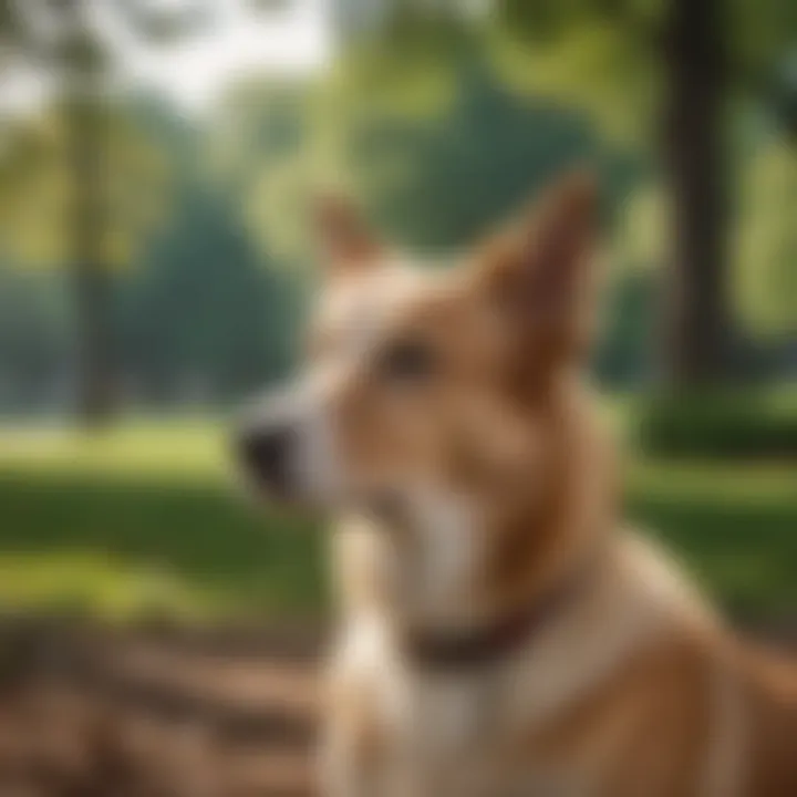 A serene dog in a peaceful park setting, showcasing calmness and tranquility.