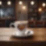 A steaming cup of coffee on a wooden table with a heart symbol in the background