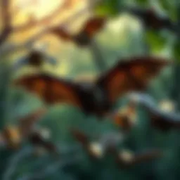 An illustration depicting various bat species in their natural habitat, showcasing their ecological diversity.