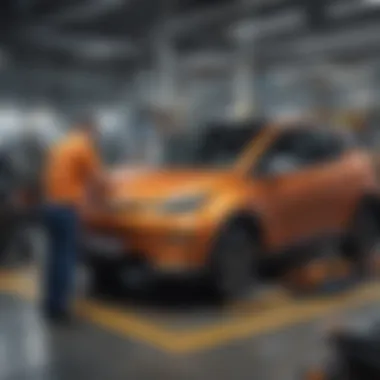 Workers assembling electric vehicle components in a factory