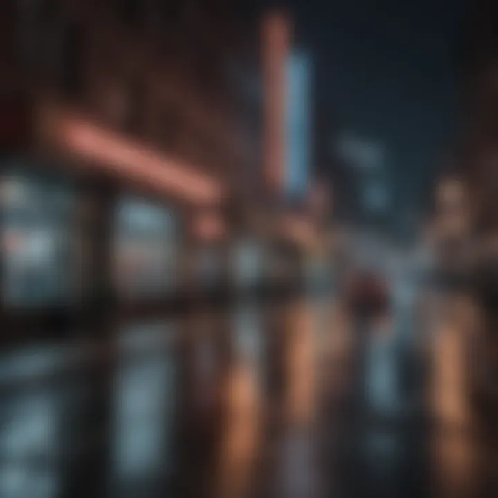 A tranquil urban scene illuminated by streetlights at night
