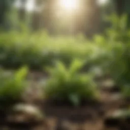 A serene landscape depicting green tea leaves in sunlight