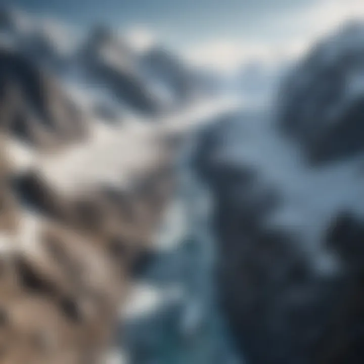 Aerial perspective of an alpine landscape showcasing the interplay of glaciers and rocky terrain.