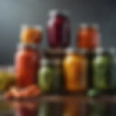 A variety of colorful fermented vegetables in jars