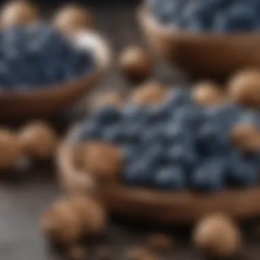 Close-up of blueberries and walnuts on a table