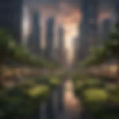 A cityscape illuminated with renewable energy sources and green spaces
