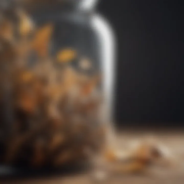 Close-up of dried herbal leaves in a glass jar