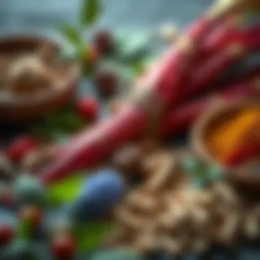 Red Korean Ginseng and Its Herbal Companions An artistic arrangement of red Korean ginseng alongside traditional herbal elements