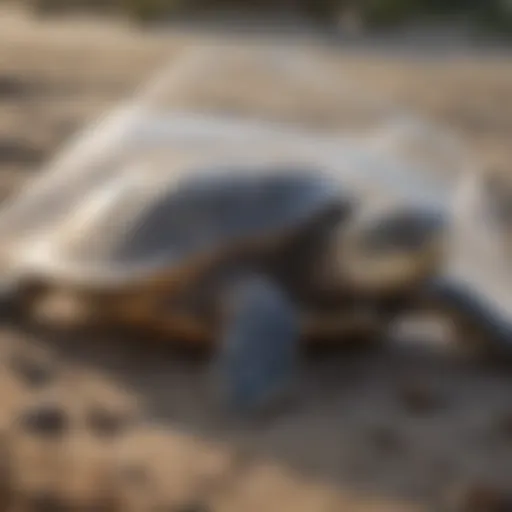 A sea turtle entangled in plastic debris