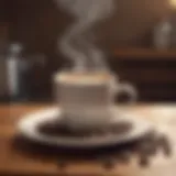 A steaming cup of coffee on a wooden table with kidney-shaped coffee beans.