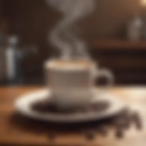 A steaming cup of coffee on a wooden table with kidney-shaped coffee beans.