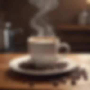 Steaming Cup of Coffee A steaming cup of coffee on a wooden table with kidney-shaped coffee beans.