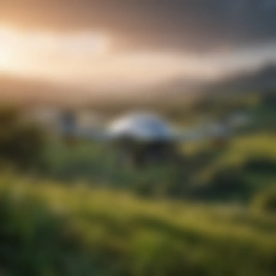 A futuristic ultralight drone soaring above a lush green landscape