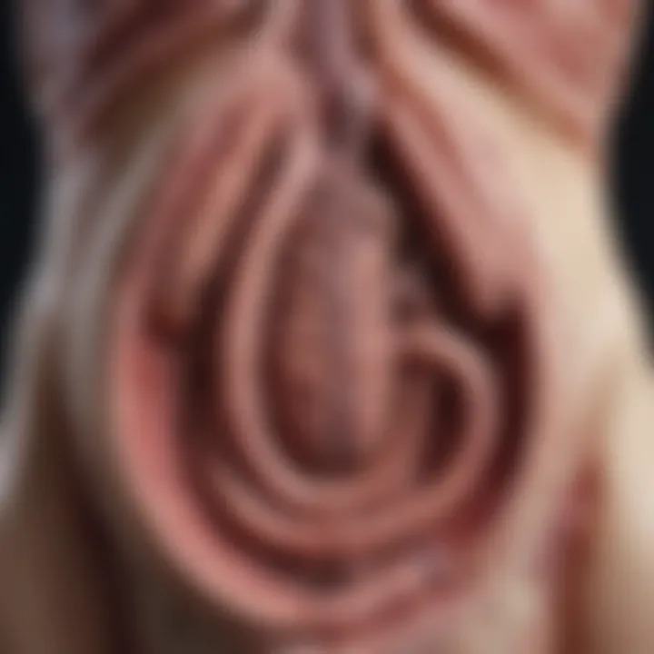 Illustration depicting the affected intestines of a premature infant with necrotizing enterocolitis.