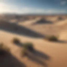 A panoramic view of a hot desert landscape showing sand dunes and sparse vegetation under a clear blue sky.
