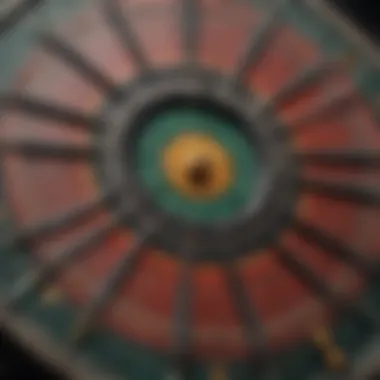 Close-up view of a dartboard's bull's eye with darts embedded.