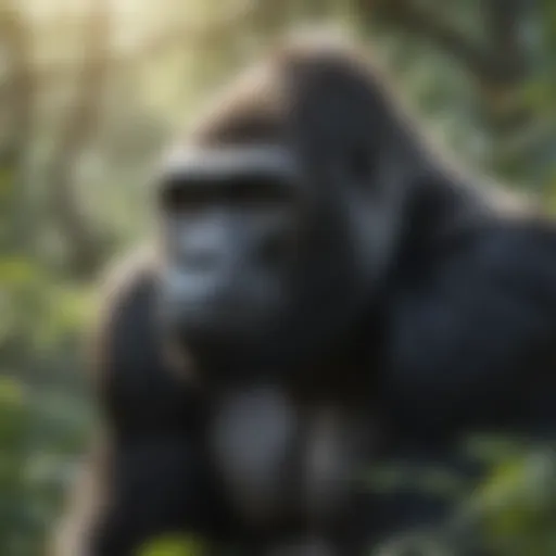 Gorilla in natural habitat observing surroundings