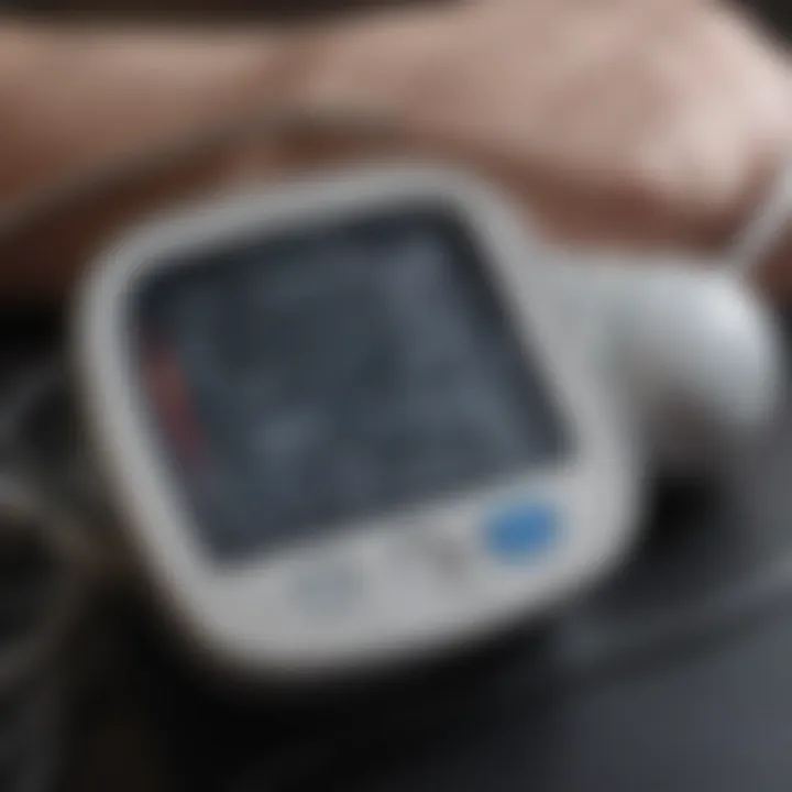 A digital blood pressure monitor displaying readings